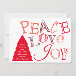 Peace Love and Joy Red on White Typografie Feestdagenkaart