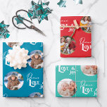Peace Love and Joy Round Photos Set of 3 Inpakpapier Vel<br><div class="desc">Photo wrapping paper - 3 designs in the set and you can customize each sheet with either the same or different foto's. Personalize with pictures of who the gift is for or, who the gift is from; whichever you prefer. Each sheet is lettered with Peace Love & Joy in handwritten...</div>