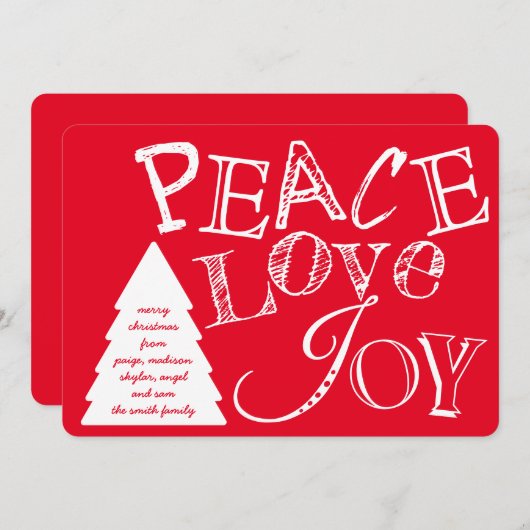 Peace Love and Joy White on Red Typography Feestdagenkaart (Voorkant / Achterkant)