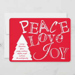 Peace Love and Joy White on Red Typography Feestdagenkaart