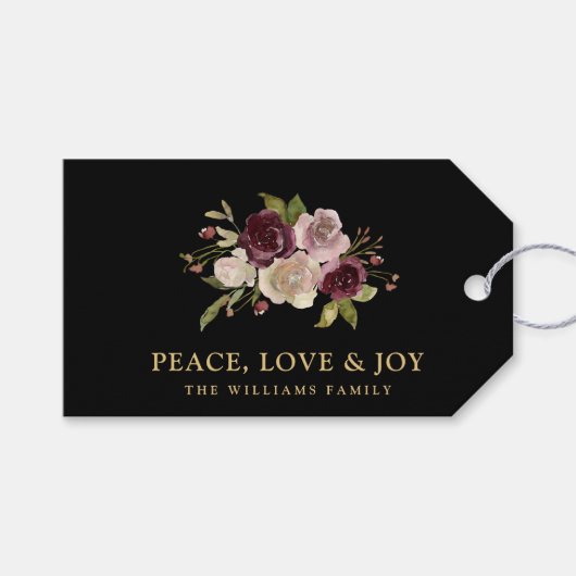 Peace Love and Joy Winter Bouquet Black Holiday Cadeaulabel (Voorkant (Horizontaal))