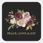 Peace Love and Joy Winter Bouquet Black Holiday Vierkante Sticker (Voorkant)