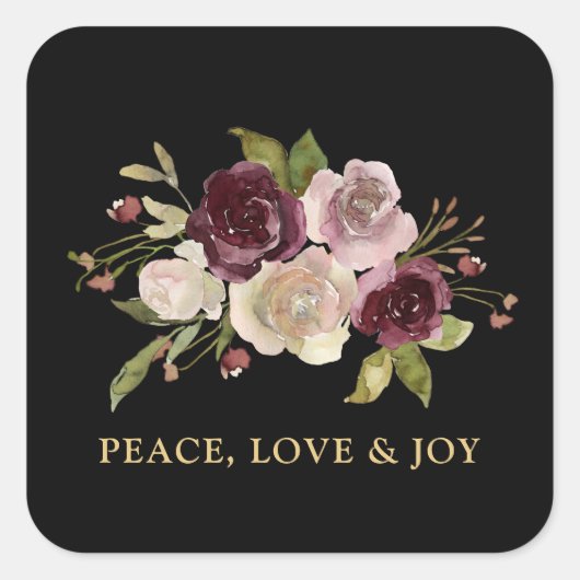 Peace Love and Joy Winter Bouquet Black Holiday Vierkante Sticker (Voorkant)