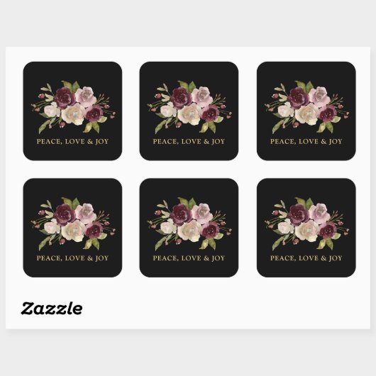 Peace Love and Joy Winter Bouquet Black Holiday Vierkante Sticker (Vel)