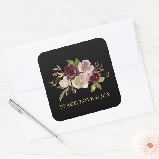 Peace Love and Joy Winter Bouquet Black Holiday Vierkante Sticker (Envelop)