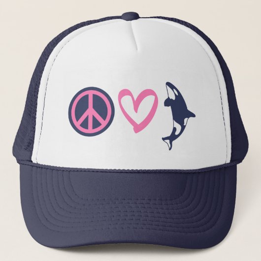Peace, Love, and Orcas Trucker Pet (Voorkant)
