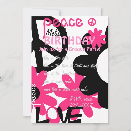 Peace, Love and Party in Hot roze and black Kaart (Voorkant)