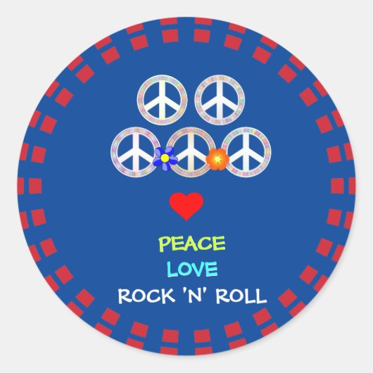 Peace, Love and Rock 'n' Roll Ronde Sticker (Voorkant)