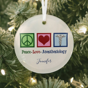 Peace Love Anesthesiology Custom Anesthesiologist Glas Ornament