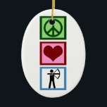 Peace Love Archery Keramisch Ornament<br><div class="desc">Een vredesteken,  hart,  en een boogschutter die een boogstrik en een pijl speelt.</div>