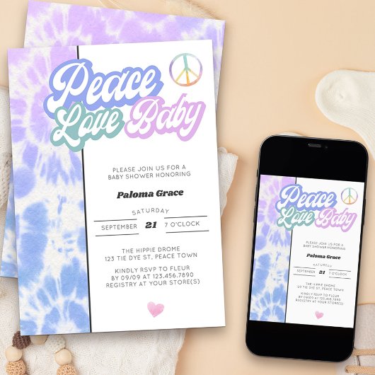 Peace Love Baby Pastel Tie Dye Baby shower Kaart