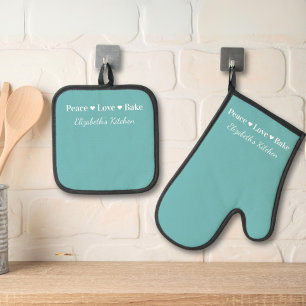 Peace Love Bake Gepersonaliseerd Blauwgroen Blauw Ovenwant & Pannenlap Set