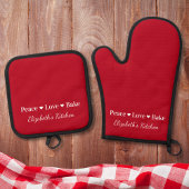 Peace Love Bake gepersonaliseerd rood Ovenwant & Pannenlap Set