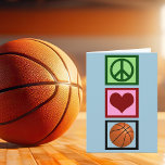 Peace Love Basketball Verticaal Feestdagen Kaart<br><div class="desc">Een schattig kerstcadeau voor een coach,  speler of supporterende sportmoeder. Een  groen vredesbord,  rood hart en een basketbal in een verticale lijn voor iemand die graag basketbal speelt. Geweldig basketbalseizoen cadeau voor je team.</div>