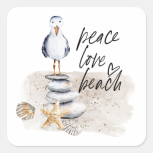Peace Love Beach Seagull Coastal Vierkante Sticker