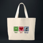 Peace Love Biology Teacher Grote Tote Bag<br><div class="desc">Een schattig kerstcadeau voor bioloog met een vredesteken, hart en een microscoop om organismen en biologie te bestuderen. Een coole biologie leraar of professor cadeau.</div>