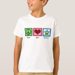 Peace Love Birthday Kinder T-shirt<br><div class="desc">Een vredesteken,  een hart,  een schattige verjaardagstaart met een kaars erin. Een  verjaardagskruid.</div>