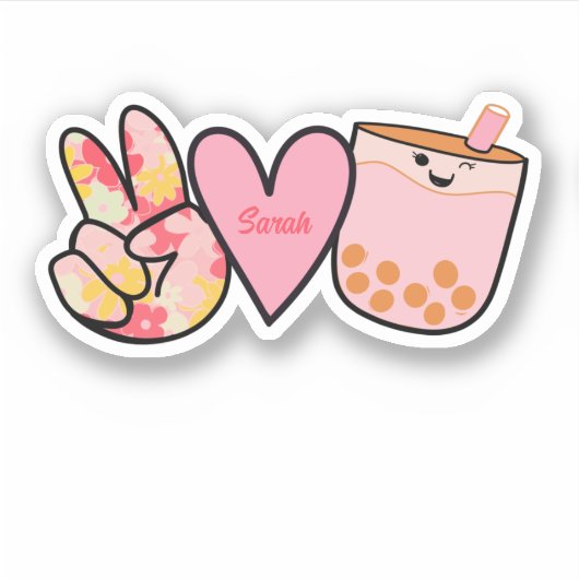 Peace Love Boba Bubble Tea Cute Custom Name Sticker (Voorkant)