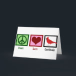 Peace Love Cardinals Feestdagen Kaart<br><div class="desc">Een  kardinaal geschenk met een vredesteken,  hart en mooie rode vogel. Een schattig geschenk voor een vogelobservator die van mooie vogel houdt en die coole cadeaus van vogels verzamelt. Peace Love Cardinals.</div>