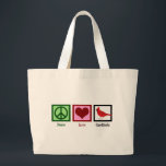 Peace Love Cardinals Grote Tote Bag<br><div class="desc">Een kardinaal geschenk met een vredesteken, hart en mooie rode vogel. Een schattig geschenk voor een vogelobservator die van mooie vogel houdt en die coole cadeaus van vogels verzamelt. Peace Love Cardinals.</div>
