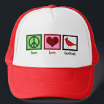 Peace Love Cardinals Trucker Pet<br><div class="desc">Een kardinaal geschenk met een vredesteken, hart en mooie rode vogel. Een schattig geschenk voor een vogelobservator die van mooie vogel houdt en die coole cadeaus van vogels verzamelt. Peace Love Cardinals.</div>