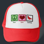 Peace Love Cardinals Trucker Pet<br><div class="desc">Een  kardinaal geschenk met een vredesteken,  hart en mooie rode vogel. Een schattig geschenk voor een vogelobservator die van mooie vogel houdt en die coole cadeaus van vogels verzamelt. Peace Love Cardinals.</div>