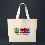 Peace Love Cardiology Heart Surgeon Hartslag Grote Tote Bag<br><div class="desc">Cute cardiology kantoor gift voor een cardioloog arts met een vredes-,  hart- en rode hartslag. Een cool cardiothoracaal ontwerp voor een cardiovasculaire chirurg of cardiale ICU in een ziekenhuis. Orde uw favoriete arts of verpleegkundige.</div>