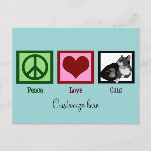 Peace Love Cats Cute Custom Blauwgroen Briefkaart (Voorkant)