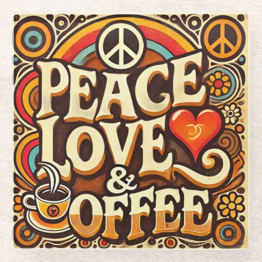 Peace, Love & Coffee Retro Onderzetter Glazen Onderzetter (Voorkant)