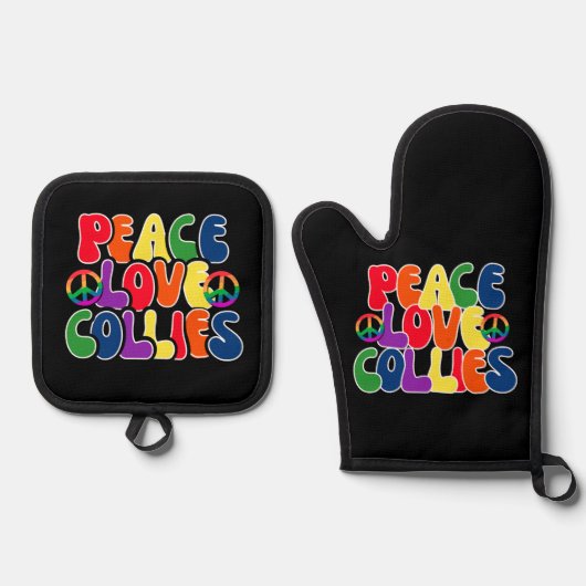Peace Love Collies Oven Mitts en Pot Holder Ovenwant & Pannenlap Set (Voorkant)