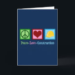 Peace Love Construction Company Feestdagen Kaart<br><div class="desc">Peace Love Construction. Een gave van uw medewerkers voor een koel bouwbedrijf met een vredesteken,  hart en een geel hard pet. Een mooi cadeau om een voorman te krijgen om zijn bemanning of bouwvakker te geven.</div>