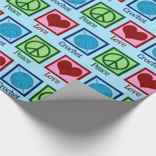 Peace Love Crochet Cute Blue Yarn Pattern Cadeaupapier (Hoek)