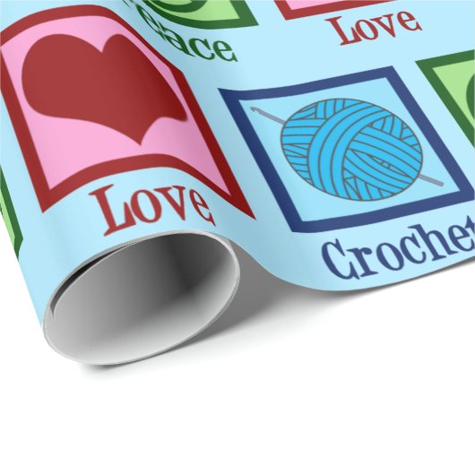 Peace Love Crochet Cute Blue Yarn Pattern Cadeaupapier (Rol Hoek)