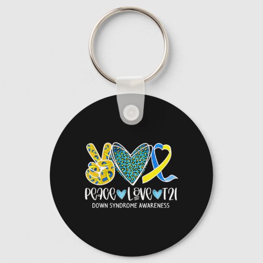 Peace Love Cure Blue & Yellow Ribbon Down Syndrome Sleutelhanger (Voorkant)