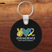 Peace Love Cure Blue & Yellow Ribbon Down Syndrome Sleutelhanger (Voorkant)