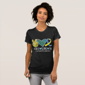 Peace Love Cure Blue & Yellow Ribbon Down Syndrome T-shirt (Voorkant volledig)