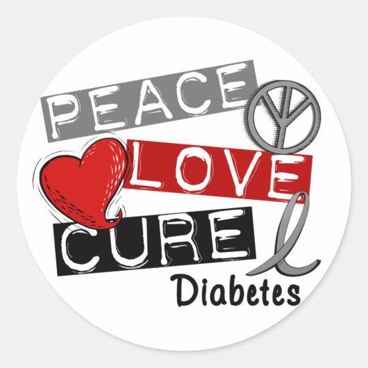 PEACE LOVE CURE DIABETES RONDE STICKER (Voorkant)
