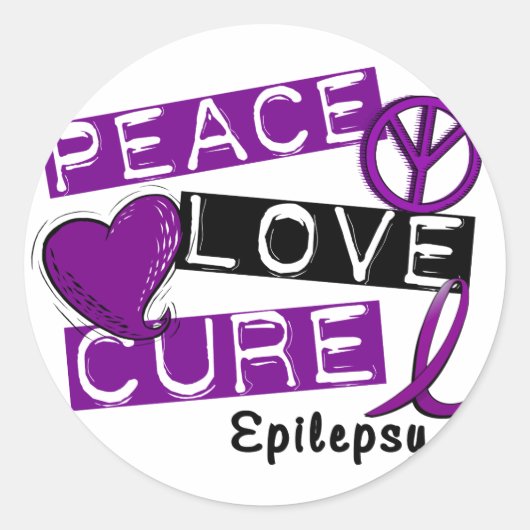 PEACE LOVE CURE EPILEPSY RONDE STICKER (Voorkant)