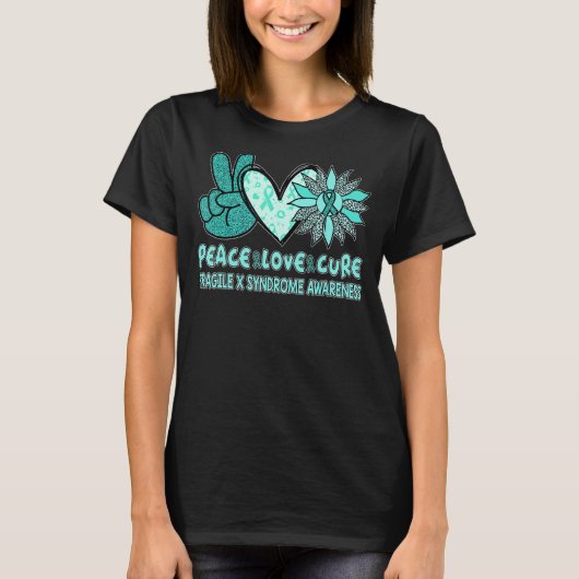 Peace Love Cure Fragile X Syndrome Blauwgroen Lint T-shirt (Voorkant)