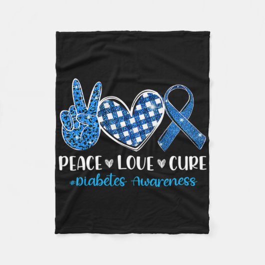 Peace Love Cure Grey Blue Ribbon Diabetes Awarenes Fleece Deken (Voorkant)