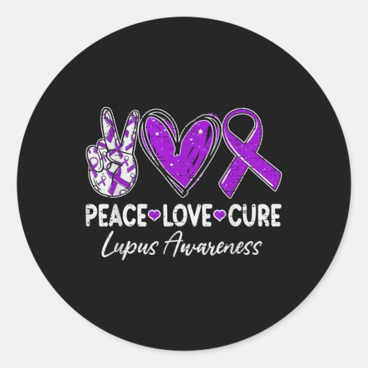 Peace Love Cure Lupus Awareness Warrior Paarse Rib Ronde Sticker (Voorkant)