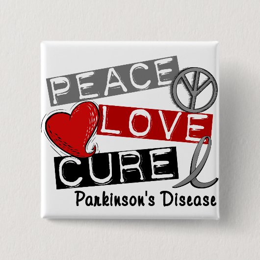 PEACE LOVE CURE PARKINSONS ZIEKTE VIERKANTE BUTTON 5,1 CM (Voorkant)