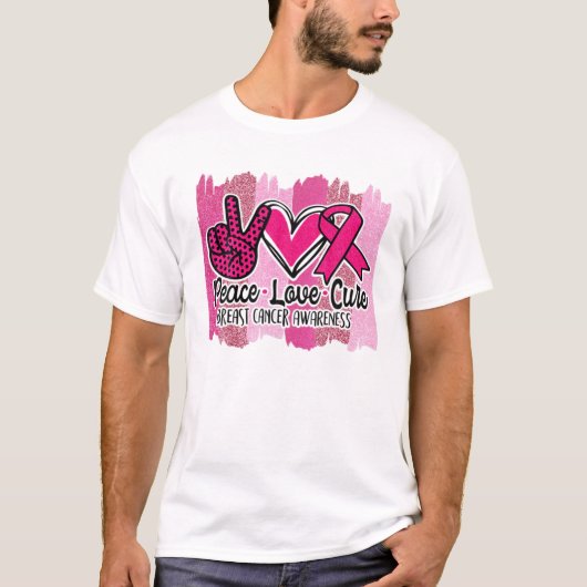 Peace Love Cure Pink Ribbon Cancer Breast Awarenes T-shirt (Voorkant)
