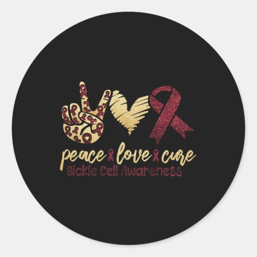 Peace Love Cure Sickle Cell Awareness Burgundy Rib Ronde Sticker (Voorkant)
