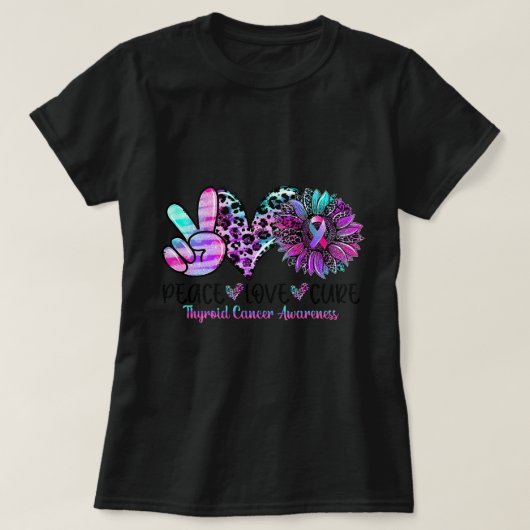 Peace Love Cure Sunflower Paars Pink Ribbon Thyro T-shirt (Design voorkant)