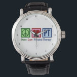 Peace Love Cute Physical Therapist Horloge<br><div class="desc">Custom Peace Love Physical Therapy watch voor uw favoriete reclasseringstherapeut. Een vredesteken,  hart en de letters PT zijn een groot geschenk voor een fysiotherapeut in je praktijk of kantoor.</div>