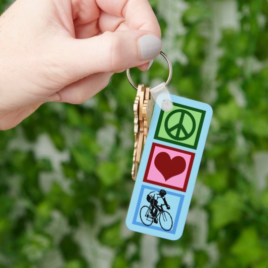 Peace Love Cycling Cute Blue Cyclist Custom Sleutelhanger (Hand)