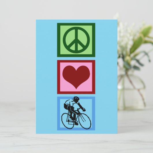 Peace Love Cycling Cute Blue Cyclist Feestdagenkaart (Staand voorkant)