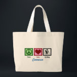 Peace Love Cycling Grote Tote Bag<br><div class="desc">Niets voelt beter dan fietsen. Dit leuke fietsontwerp kenmerkt een vredes-teken, hart en een persoon die graag fietst. Peace Love Cycling.</div>