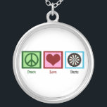 Peace Love Darts Zilver Vergulden Ketting<br><div class="desc">Een vredesteken,  hart en een goed spel van donzen.</div>